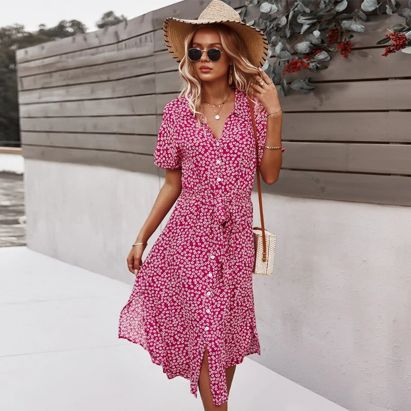

Women Floral Dress 2023 Summer Casual Short Sleeve Button Holiday Midi Dresses Female V-Neck Beach Boho Chic Dress Elegant Robe