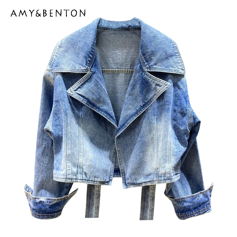 

Korean Style Loose Blue Denim Short Coats For Women 2023 Spring Autumn New Style Streetwear Polo Collar Jacket Top Ins Outwear