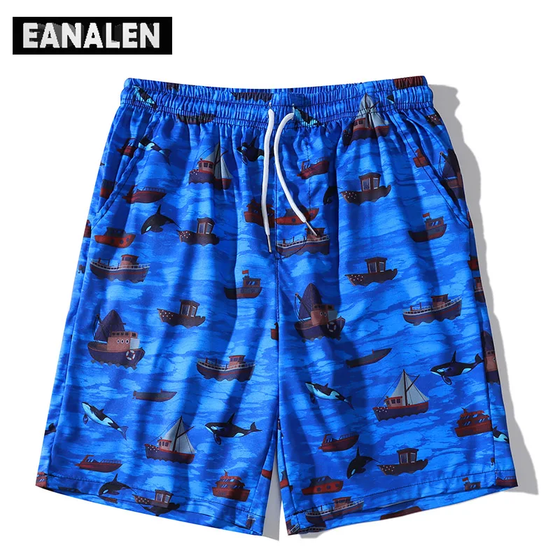 

2022 Summer Blue Boat Print Beach Pants Men's Surf Oversized Pants Fashion Street Casual Shorts Sports Basketball Bermuda