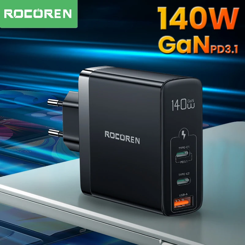 

Rocoren 140W GaN USB Type C Charger PD 3.1 Quick Charge QC 4.0 3.0 Fast Charging USBC Charger For MacBook Pro iPhone 14 Xiaomi