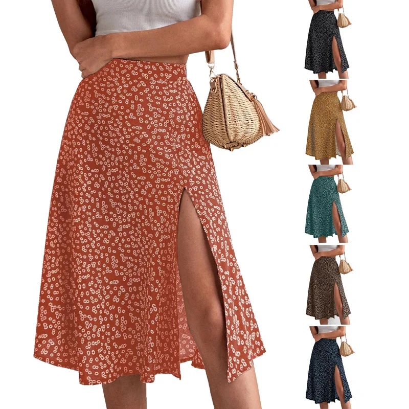 

New Summer Green Boho Midi Skirts for Women 2023 New Elastic High Waist Print Split Beach Skirt Female Casual A-line Long Skirts