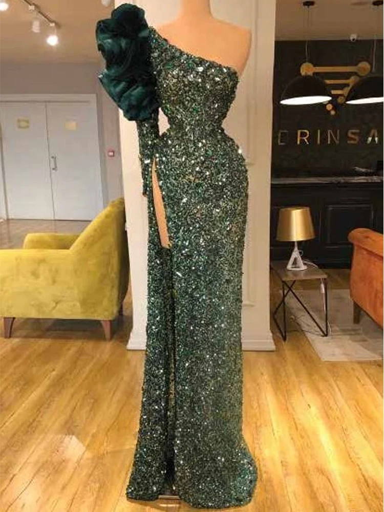 

Формальные женские платья для выпускного вечера, плиссированные вечерние платья с одним открытым плечом, с оборками, в пол, с блестками, изг...