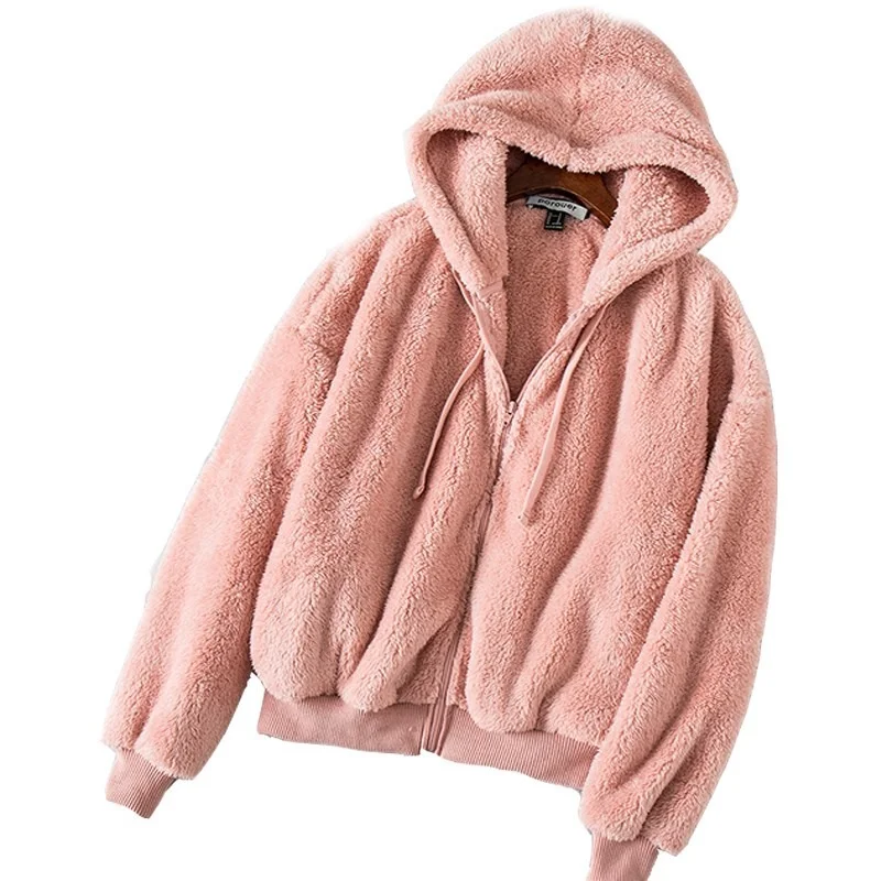 Autumn And Winter New Lambswool Zipper Ladies Hoodie Plus Velvet Thick Loose Casual Women Sweatshirt Solid Color Girl Coat