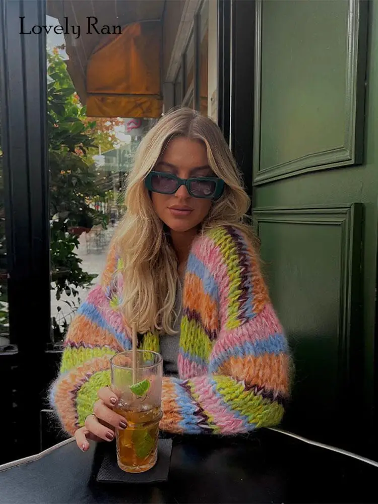 

Женский полосатый вязаный свитер с рукавами-фонариками, шикарные свободные короткие кардиганы с открытым спереди, милая модная уличная одежда, женские топы