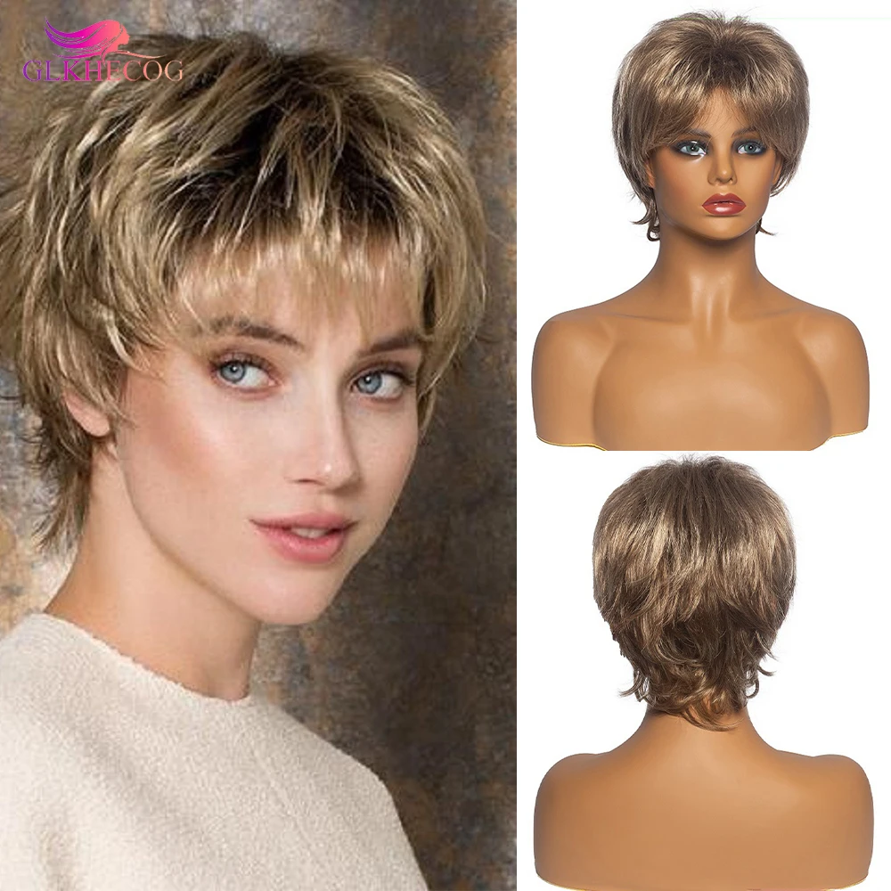 

Synthetic Women Ombre Blonde Short Hair Wigs Natural Fluffy Pixie Cut Wig for White Black Women Heat Resistant