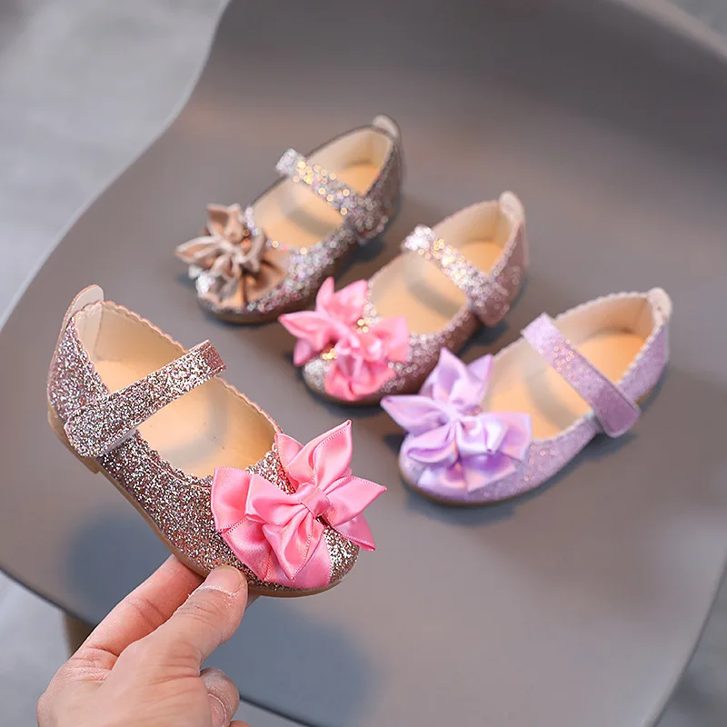 

Autumn New Children's Solid Low Heel Princess Girls' Bright Leather Bow Party Dance Shoes
