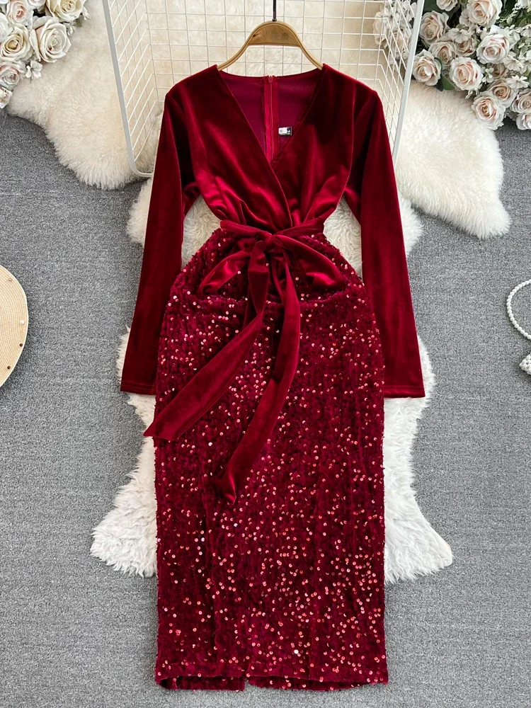 

Spring Autumn Women Sequins Patchwork Velvet Bodycon Party Midi Dress Vintage Black/Red V-Neck Long Sleeve Elegant Vestidos New