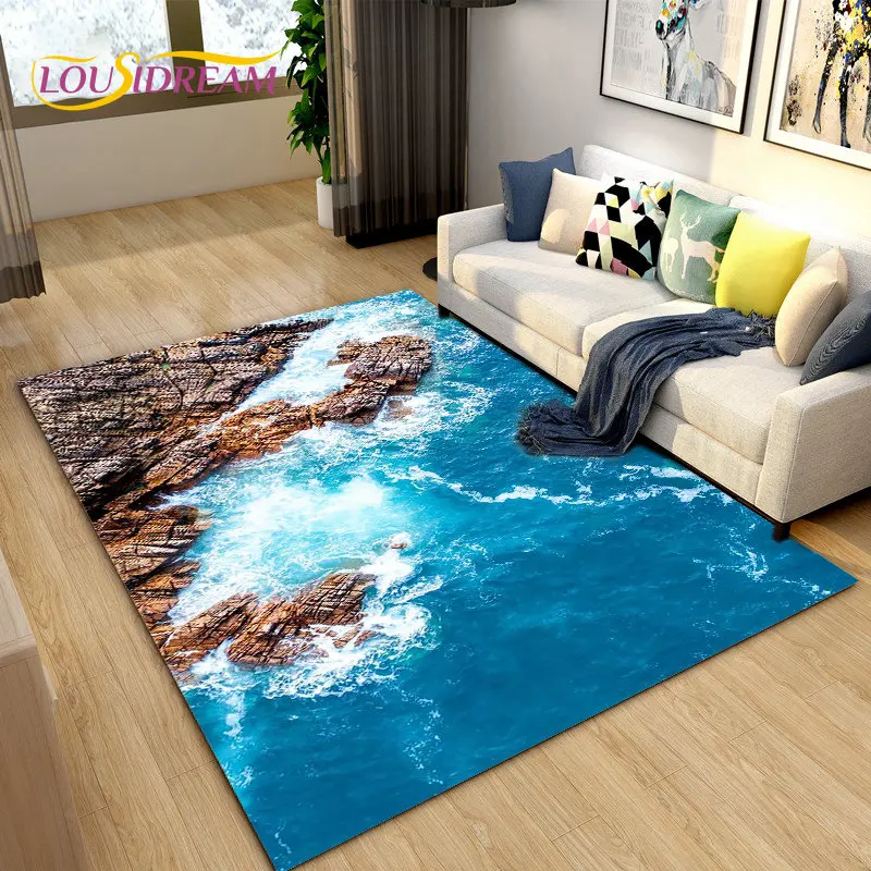 

3D ковер для морской воды и пляжа, ковер для гостиной, спальни, дивана, декоративный нескользящий напольный коврик для детей