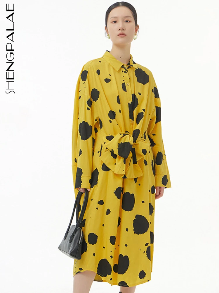 

SHENGPAIAE Single Breasted Turn-down Collar Loose And Thin Robe Dress Color Contrast Printing Dresses For Women 2022 New 5W262