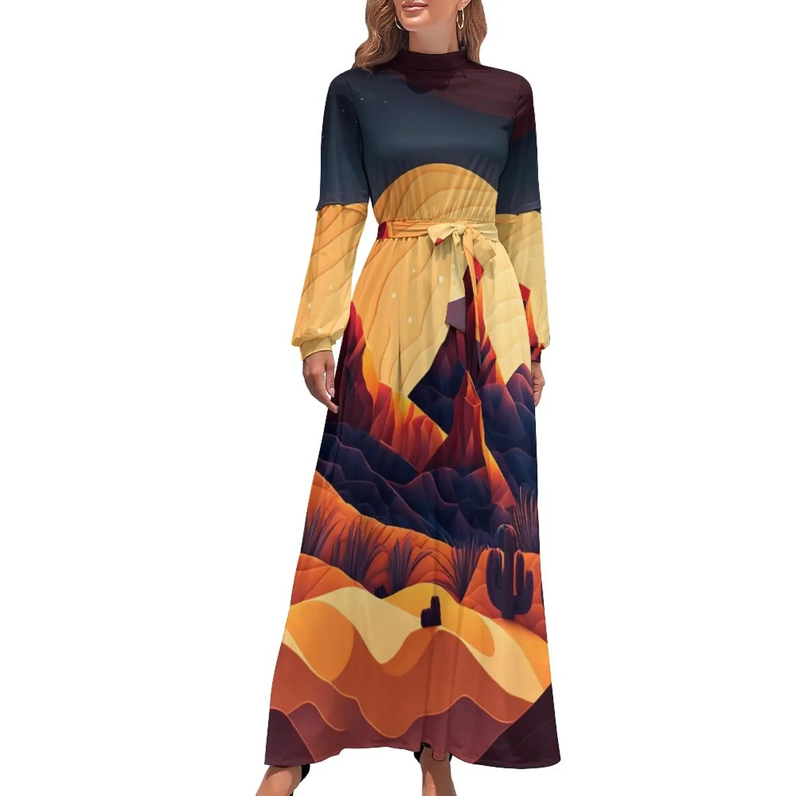 

Nature Desert Dress Moon Print Stylish Beach Dresses Woman Long-Sleeve High Waist Cute Long Maxi Dress