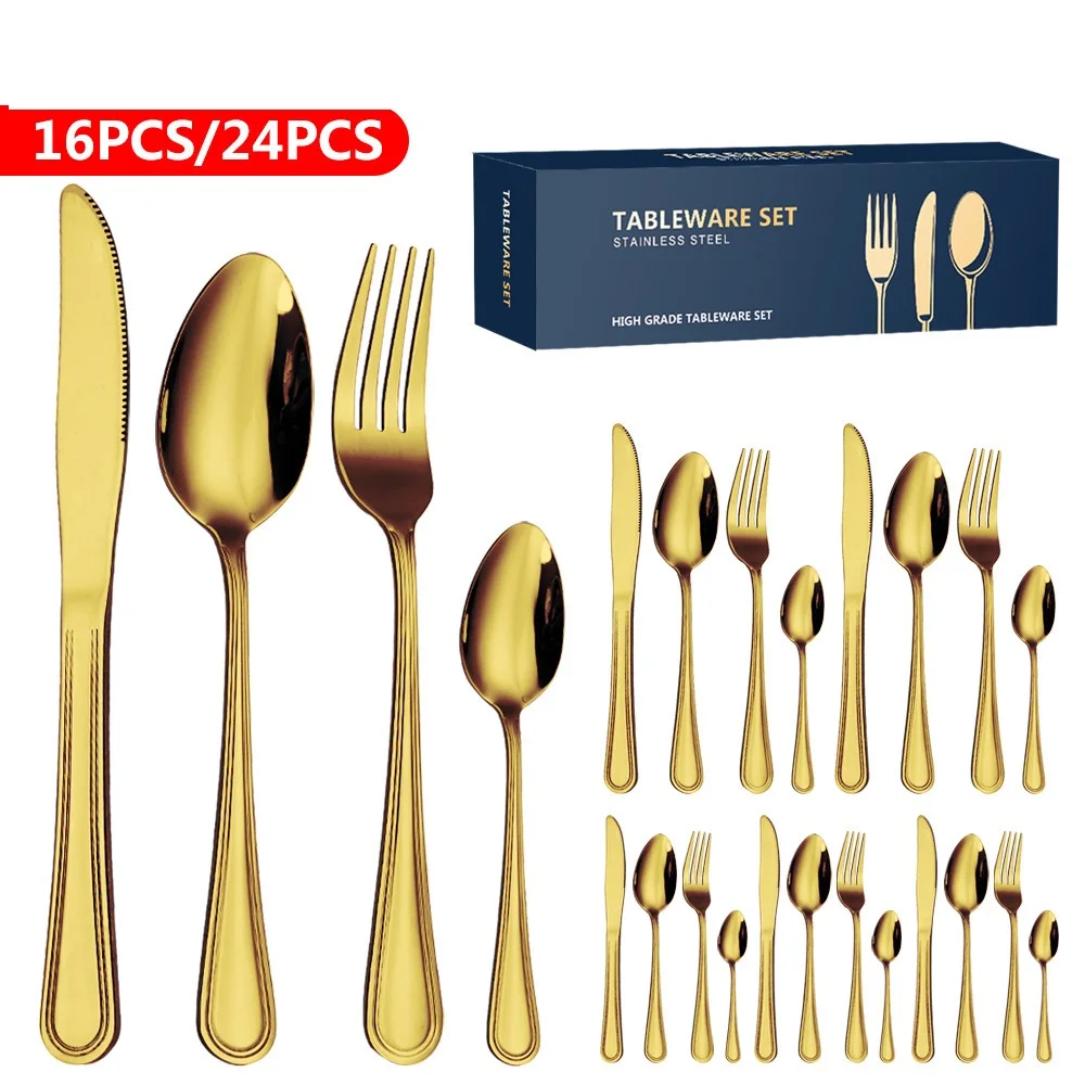

16 PCS Gold Double Line Handle Style Tableware Set Wide Blade Steak Fork Coffee Spoon Dinnerware Safety Kitchen Table Props Set