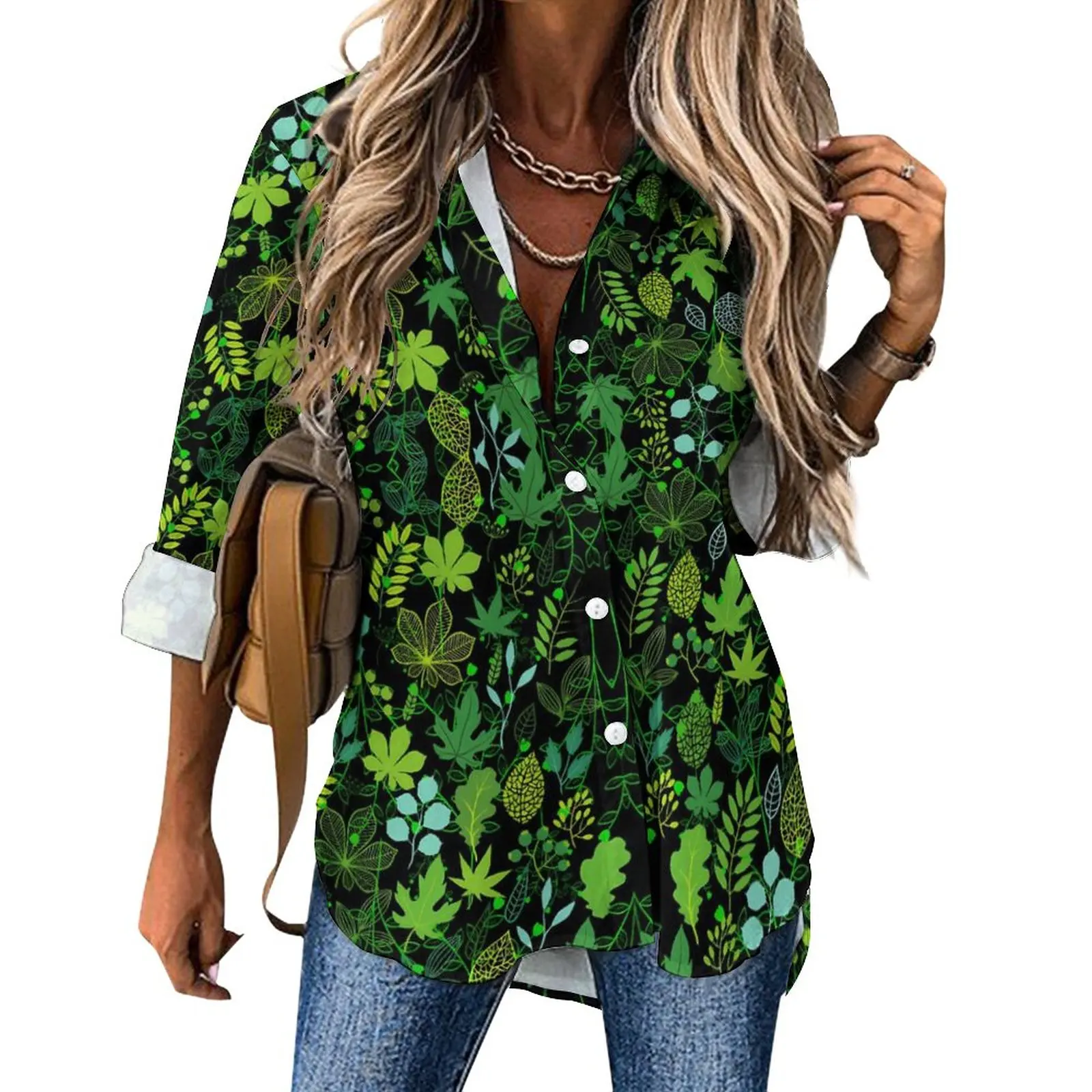 

Plant Print Casual Blouse Long-Sleeve Green Leaves Modern Blouses Female Loose Oversized Shirts Graphic Tops Gift