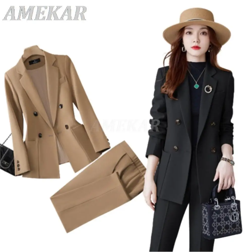 Women Office Black Formal Business Suit 2 Piece Set Fashion Elegant Pocket Medium Length Suit Lady Work Wear Blazer Trouser Sets