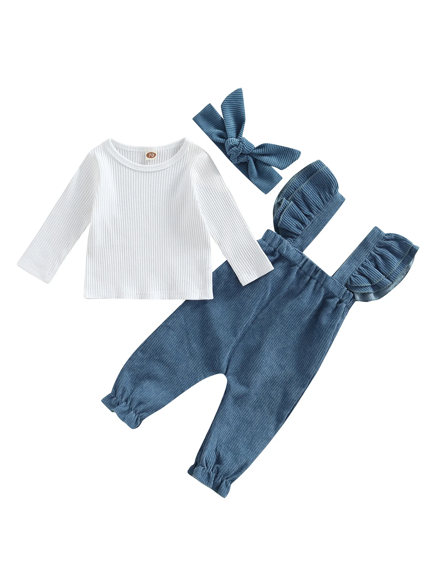 

Осенняя одежда для маленьких девочек, комбинезон, топы в рубчик с длинным рукавом и круглым вырезом, летающие рукава, искусственная повязка ...