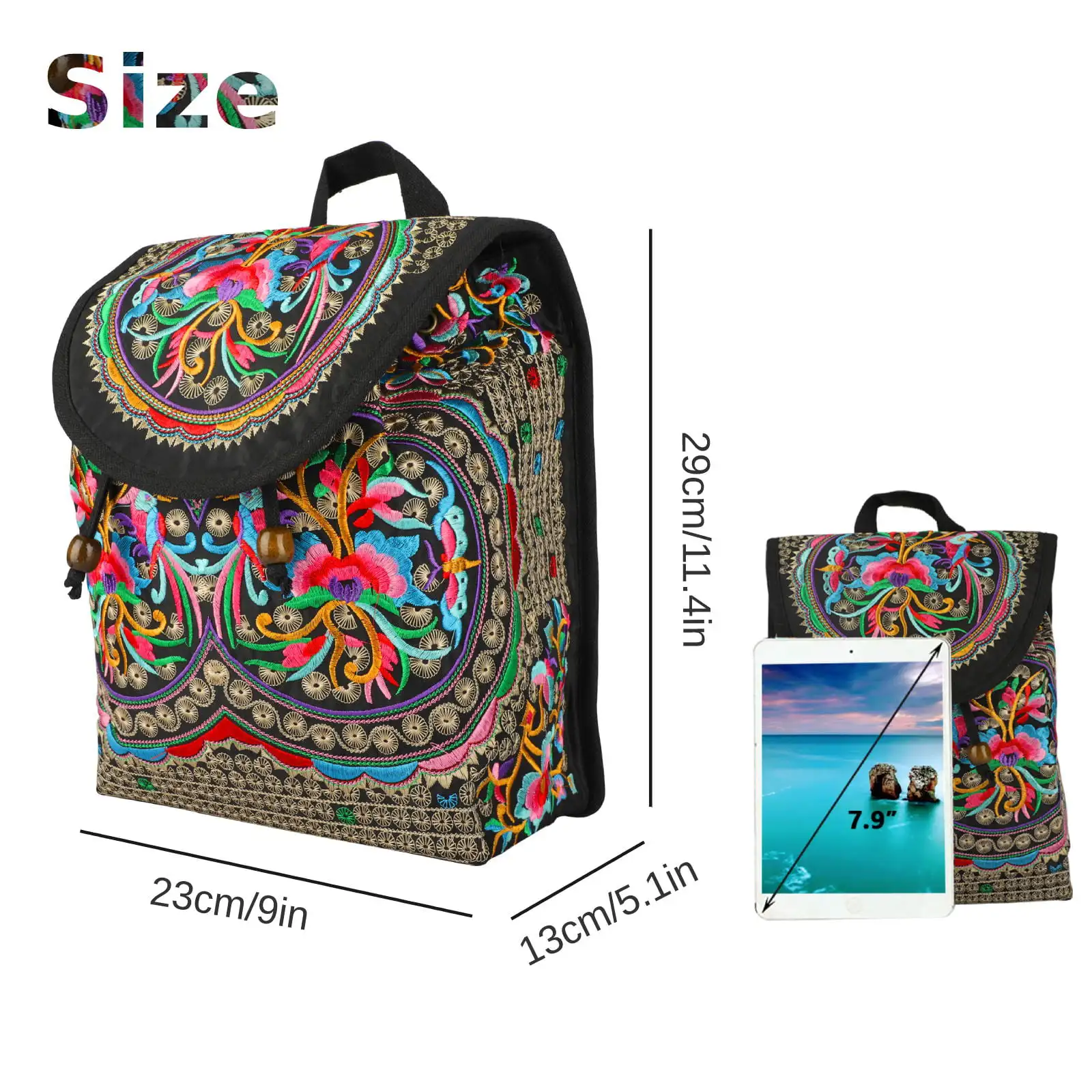 Boho Embroidered Backpack Purse,  Embroidery Messenger Bag for Women, Travel Shoulder Daypack, Vintage Handmade Canvas Backpack