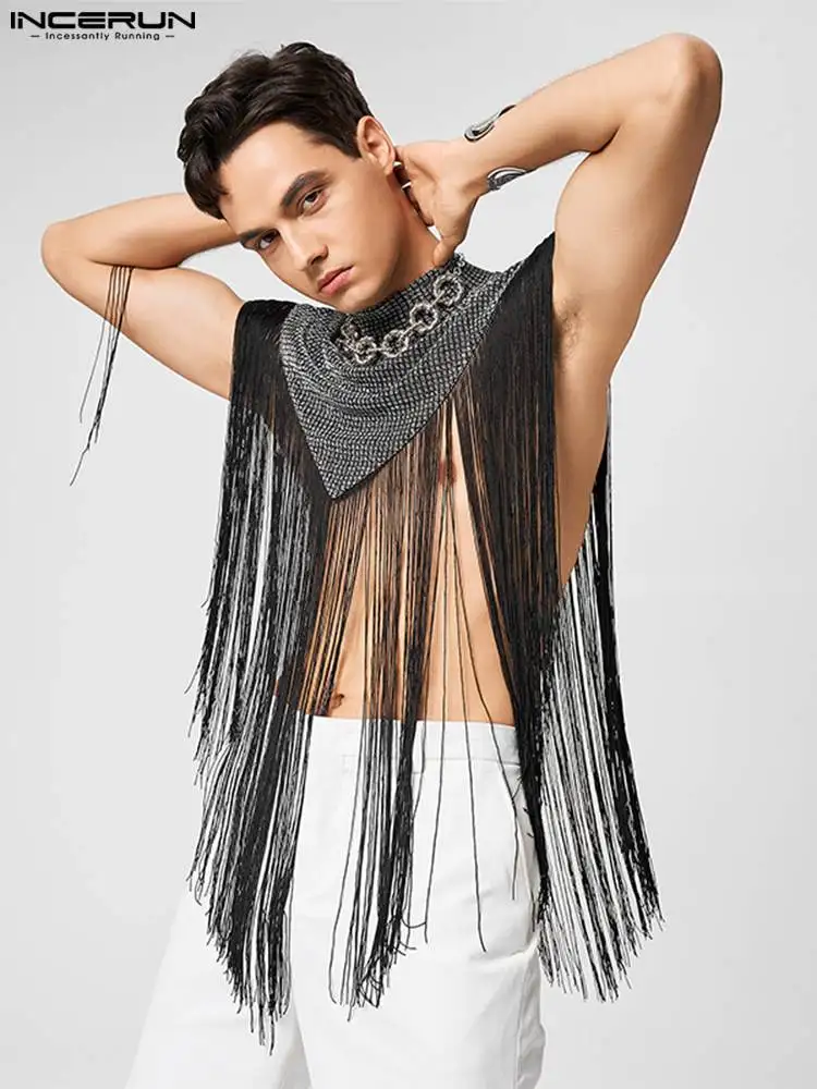 

INCERUN Men Irregular Vests Tassel Patchwork Turtleneck Sleeveless Casual Cloak Ponchos Sexy Streetwear 2022 Fashion Tank Tops