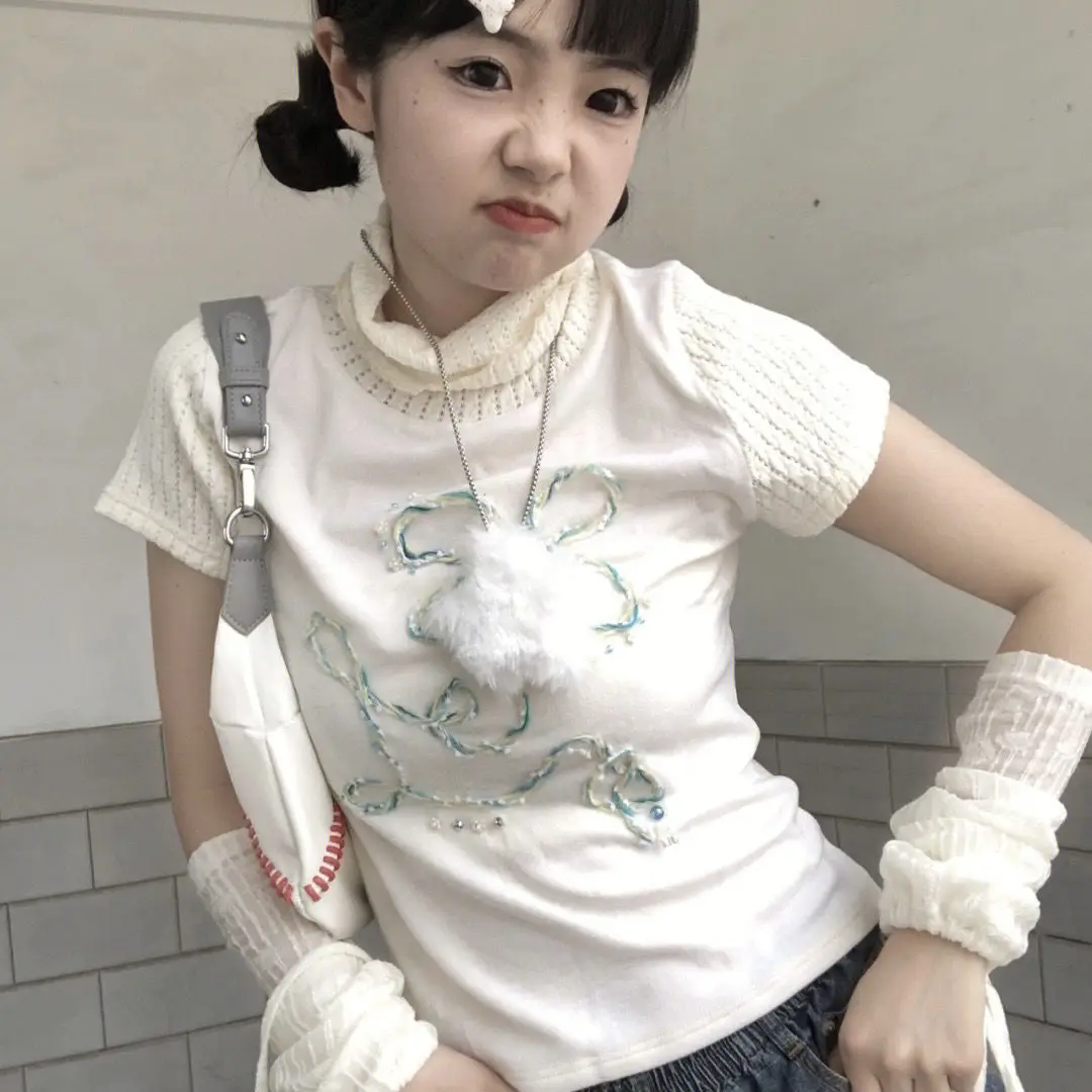 

Японская мода, футболка для женщин, Повседневная белая футболка с бисером Y2k, одежда, Харадзюку, кавайная Лолита, водолазка, блузки 2023