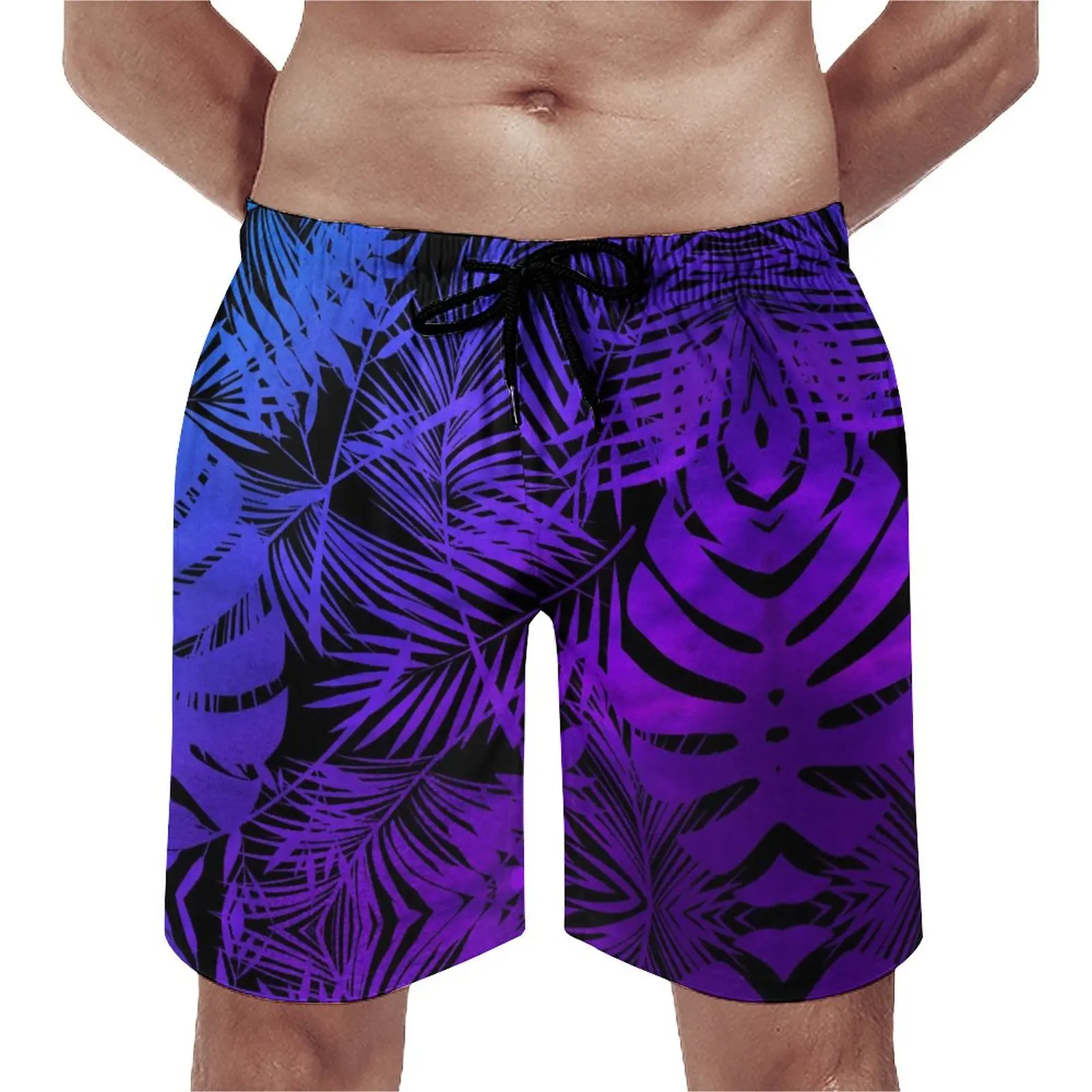 

Gym Shorts Tropical Palm Leaf Retro Swim Trunks Purple Ombre Print Male Quick Drying Surfing Hot Large Size Board Short Pants