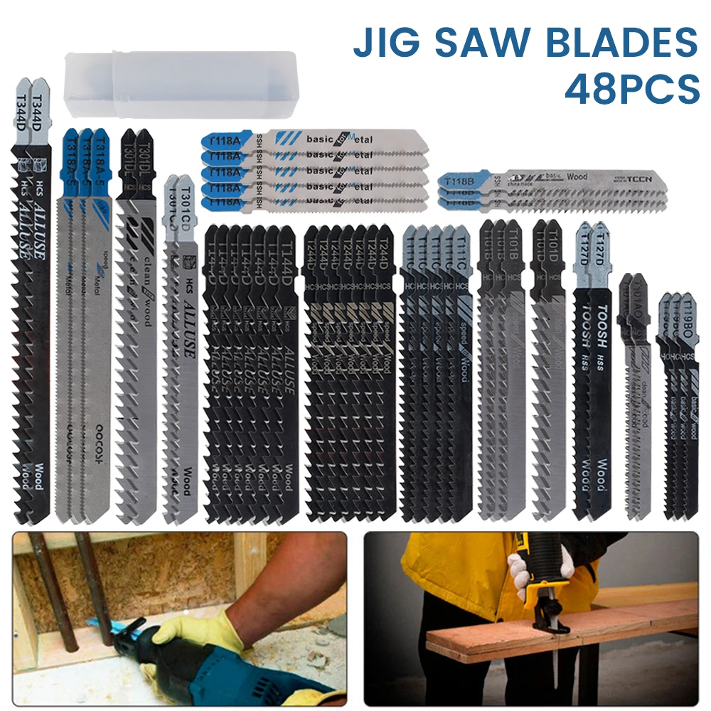 48pcs HCS Jig saw Blades T-Shank Jigsaw Blades Wood Fine Cut Jigsaw Blade Set Assorted Saw Blades for Wood Metal Plastic Cutting