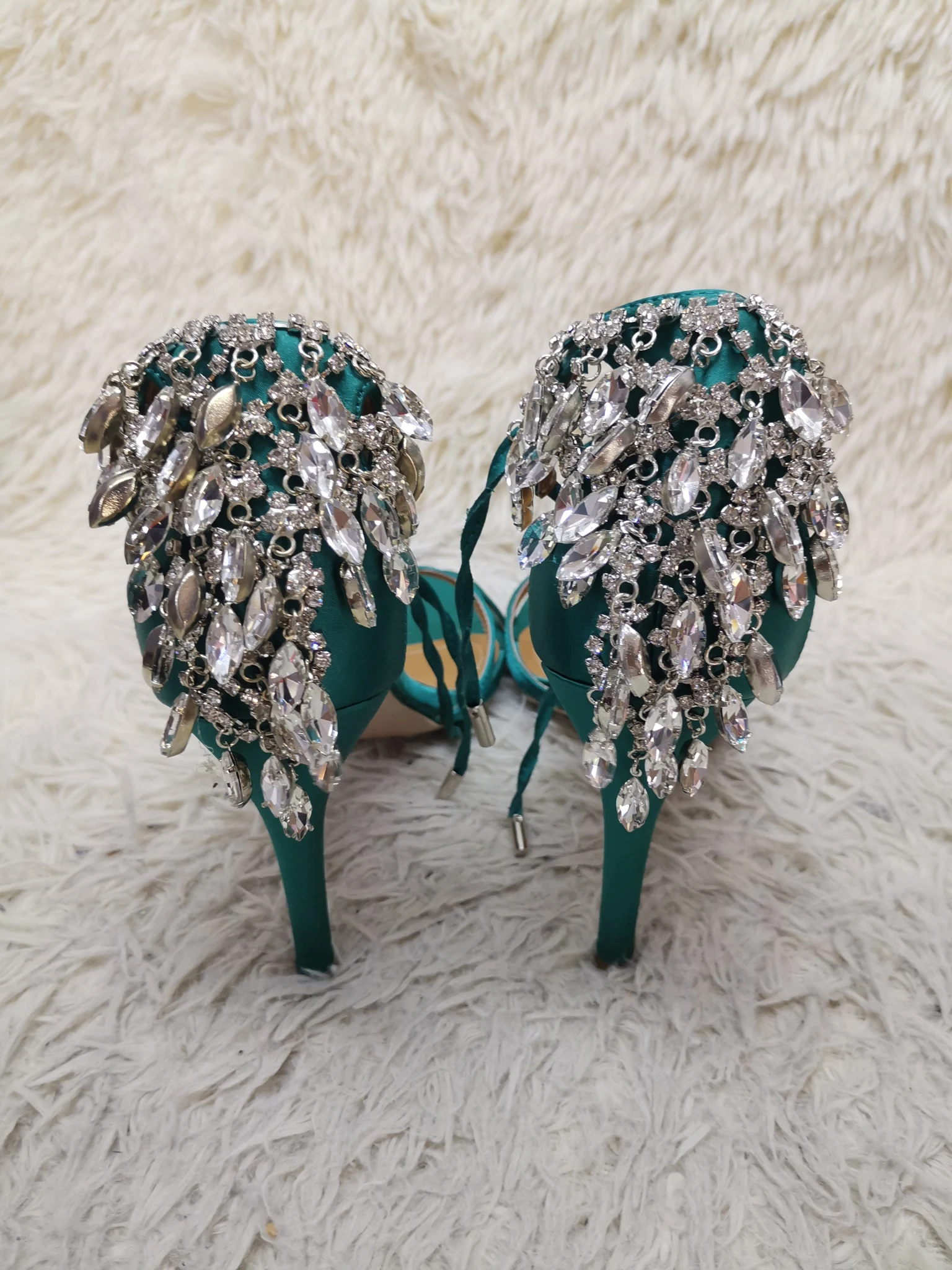 Green Gold Stiletto Women Sandals Bling Diamond Tassel High Heels Peep Toe Glittering Crystal Fringed Party Wedding Shoes Summer