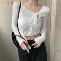 n girls summer two piece set women korean fashion design belt long sleeve solid short t shirt all match small vest vestidos