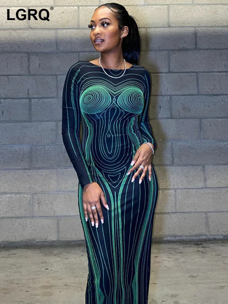 

LGRQ Fashion Sexy Dresses For Women New O-neck Long Sleeve Backless Printing Slim Thin Party Dress Female Spring 2023 19J258T