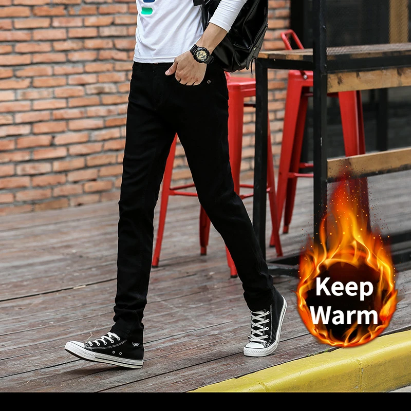 Hot Men's Winter Open Crotch Jeans Fleece Crotchless Outdoor Sex Pencil Pants Velvet Thermal Hidden Zipper Korean Gay Trousers