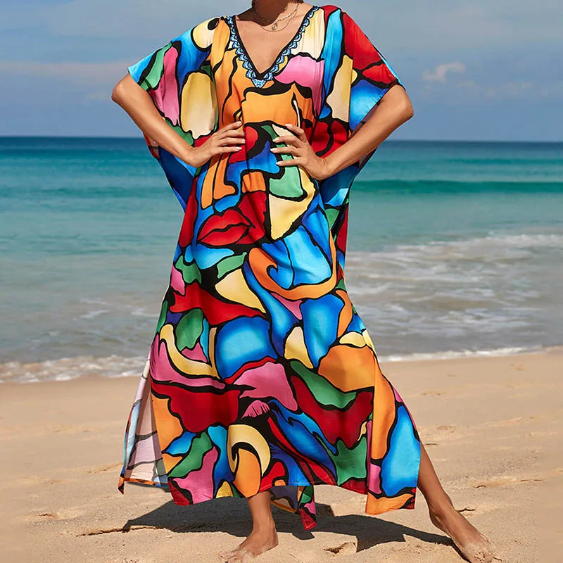 

Женское платье-накидка для бикини, свободная Этническая купальная одежда с коротким рукавом и принтом, Повседневная Блузка, купальный кост...