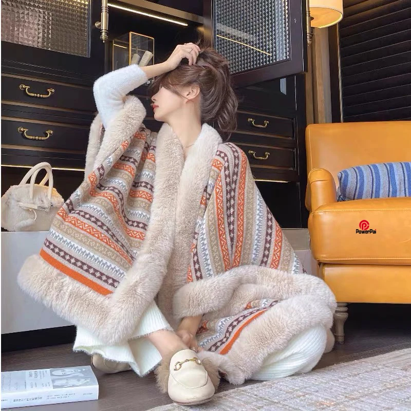 Модная цветная полосатая вязаная накидка из искусственного меха зимняя