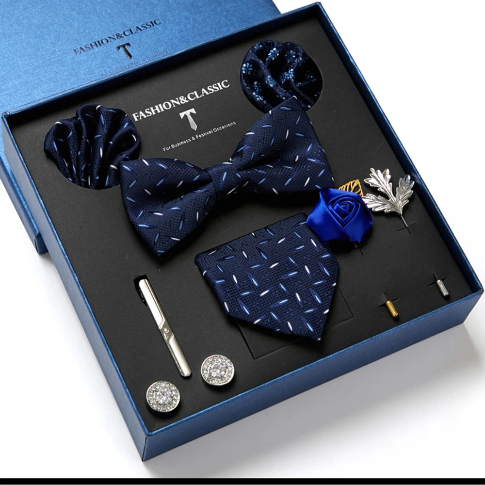 

Men's Tie Set Luxury Gift Box bow tie Necktie Set Inside Festive Present cufflinks Cravat Pocket Squares