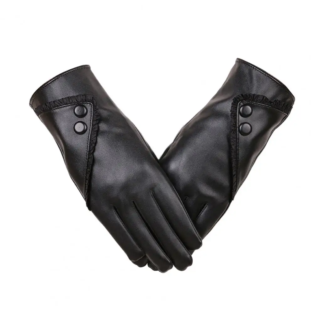 

1 Pair Chic Lady Winter Gloves Windproof Gloves Faux Leather Solid Color Women Gloves Keep Warm