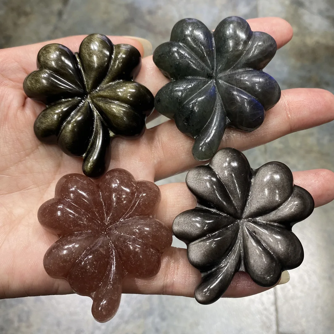 

Natural Labradorite Strawberry Quartz Obsidian Stone Hand Carved Four-leaf Clover Crystal Reiki Healing Home Decoration Gift