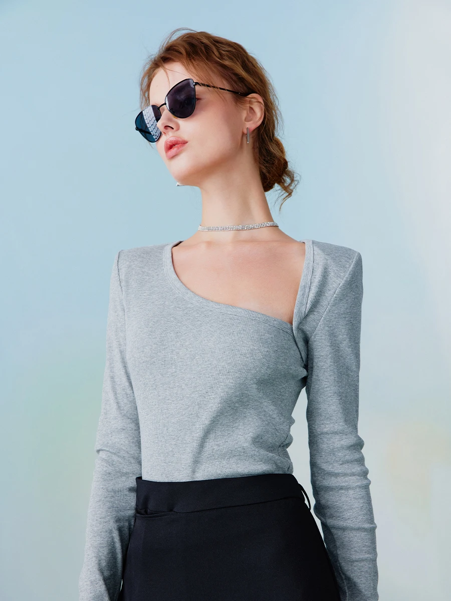 Ажурная футболка Aozhi с косым воротником и длинным рукавом в стиле кантри Женская