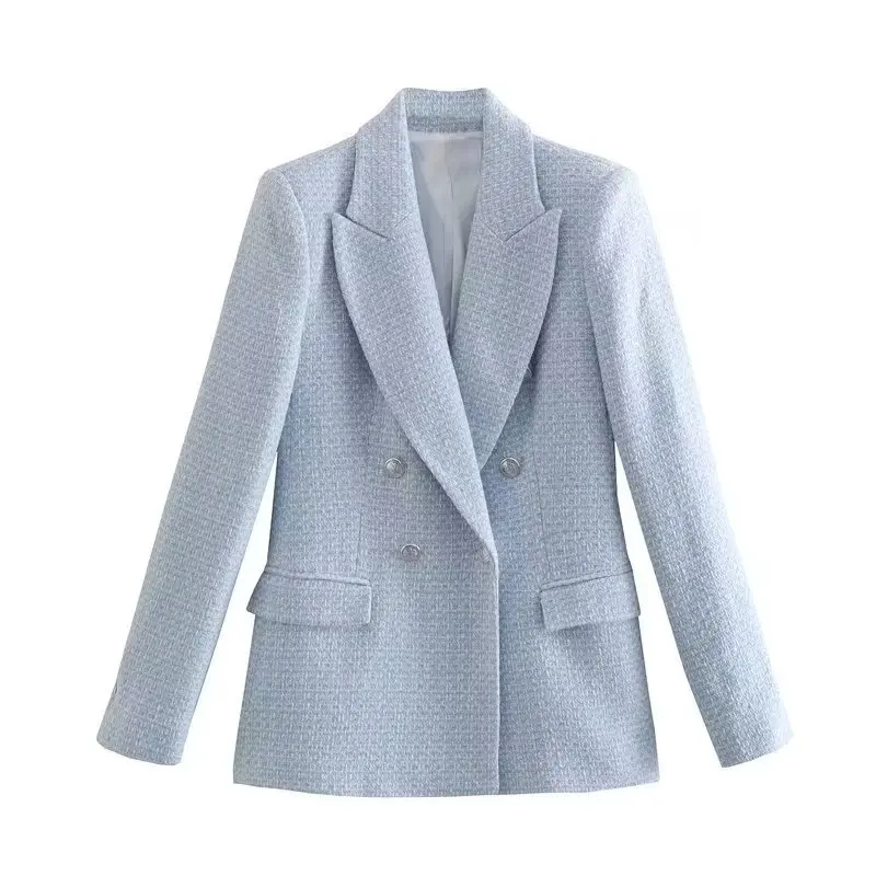 

TRAF New Women Fashion Double Breasted Tweed Woolen Flap Pocket Blazer Coat Female Notched Collar Chic Veste Suits Tops