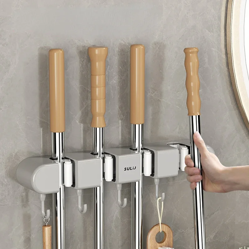 

Wall Mounted Mop Storage Shelf Rack Broom Organizer Hooks Holder Self-Adhesive Bathroom Kitchen Garden Garage Storage Tool