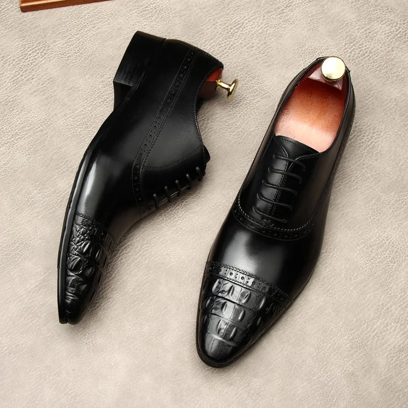 

Mens Black Dress Shoes Luxury Genuine Leather Fashion Crocodile Pattern Patent Leather Wedding Oxfords Social Shoes Man 2023 New