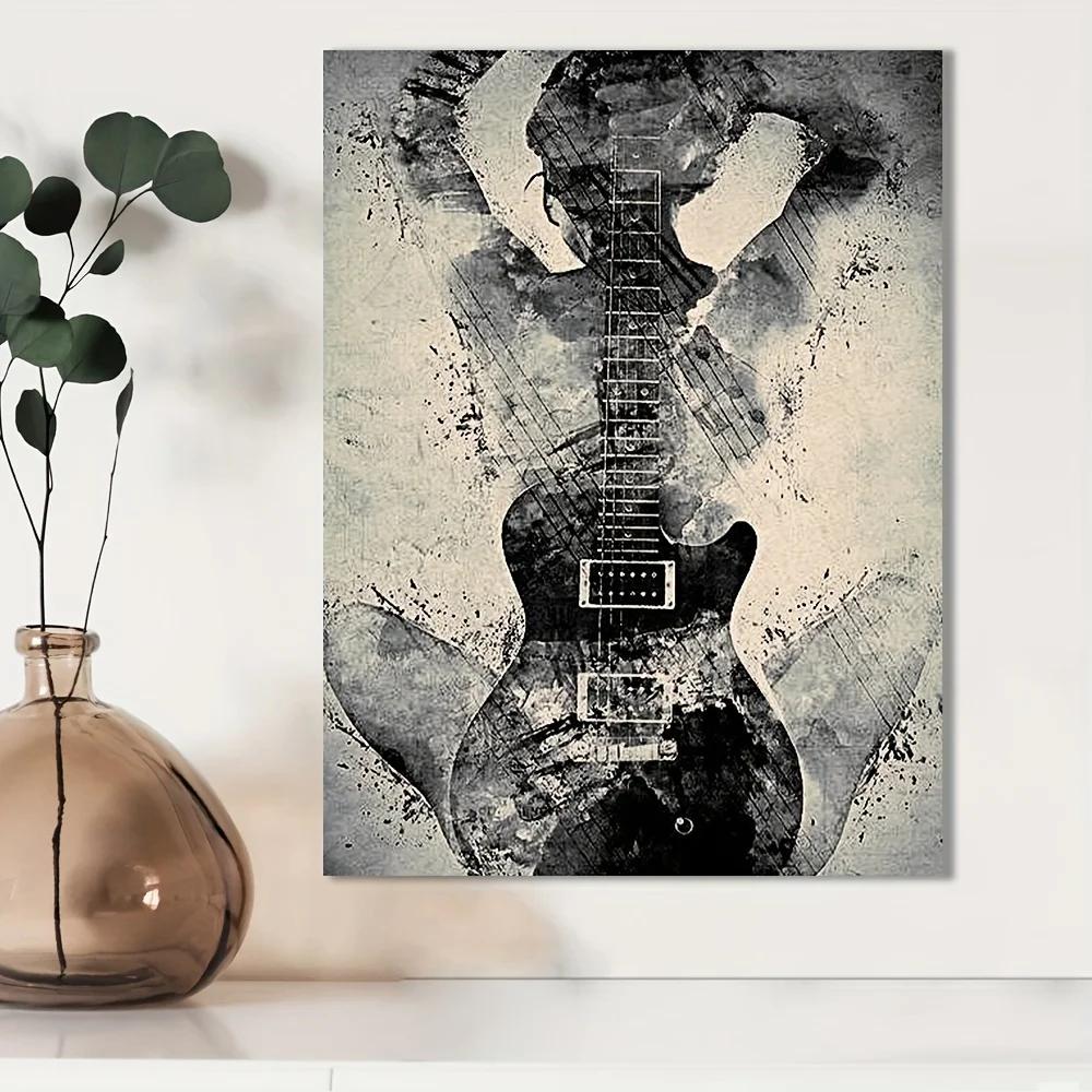 Женская картина тушью с яркой гитарой - безрамное холст современный черно-белый