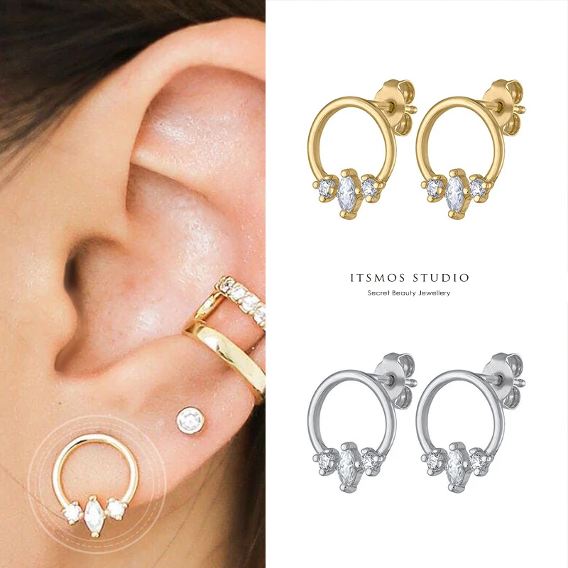 

ITSMOS S925 Sterling Silver Pave Zircon Circle Earrings Minimalist Trendy Ear Studs Influencer Earrings For Women