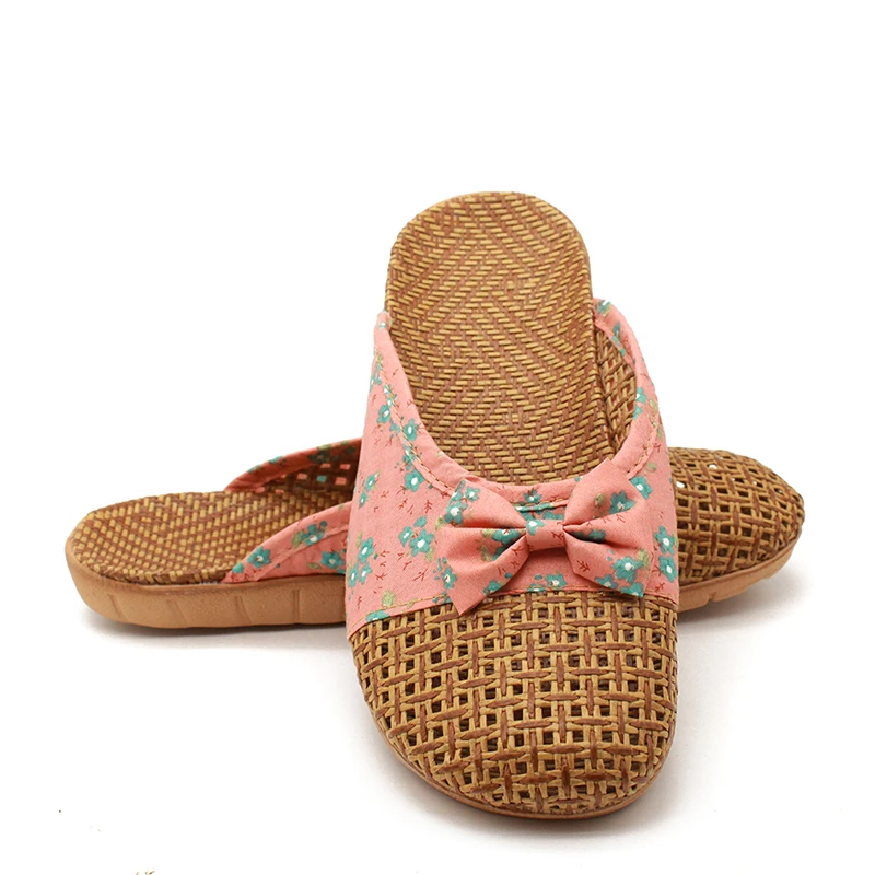 

Women Home Slippers Flax Slippers Casual Slides Floral Bow Linen Indoor Slippers Female Summer Sandals Home Shoes Women New