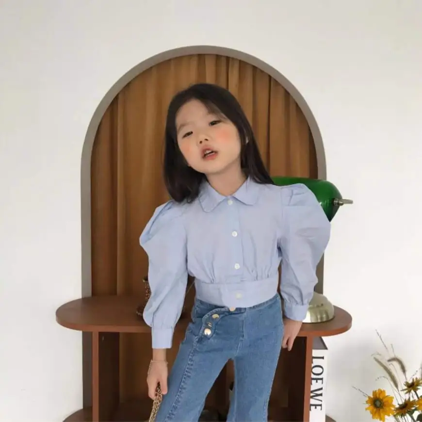 

Girl Spring Autum Blouse Baby Shirt Kids Tops Children Clothes Ins Fashion Pleated Puff Sleeve Ruffle Blue Shirts 2-8Y Wz610