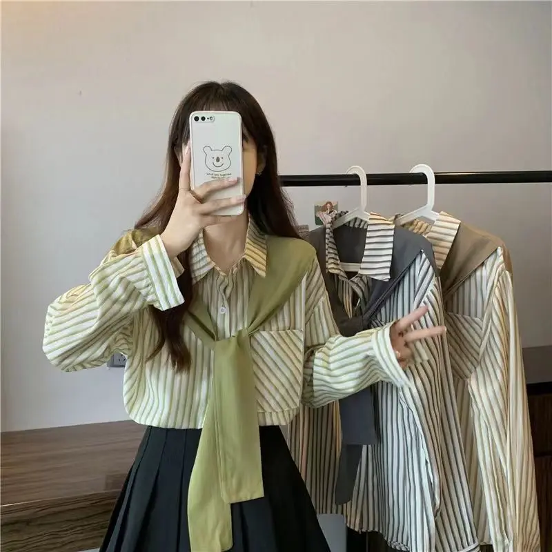 

2023 New Women Spring Autumn Long Sleeve Striped Shirt Fashion Tops Fake Two-pieces Design Shawl Loose Oversize Plus Size