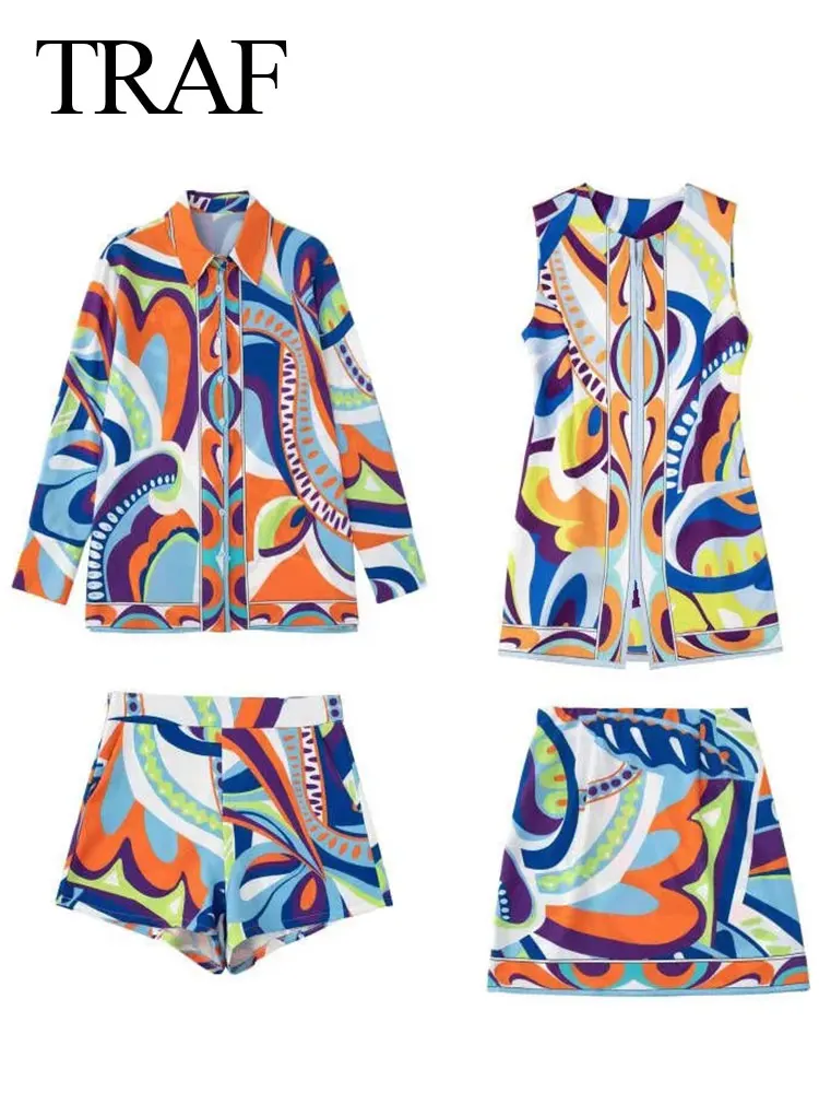 

TRAF Printed Fashion High Quality Women Suit Retro Long Sleeve Shirt Slim Skirt Casual Shorts Sleeveless Dress Commuter Summer