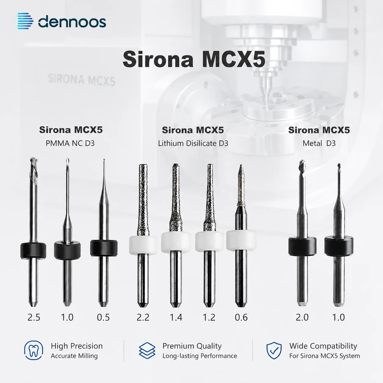 Фото Фрезы Sirona MCX5 с хвостовиком D3 для стеклокерамики/ПММА/металла, зуботехнический инструмент для фрезерования MCX5 №1