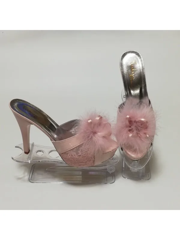 

Megalaksi Bayan Çeyizlik Female Shaggy Heels Ruched Bridal Slippers Powder