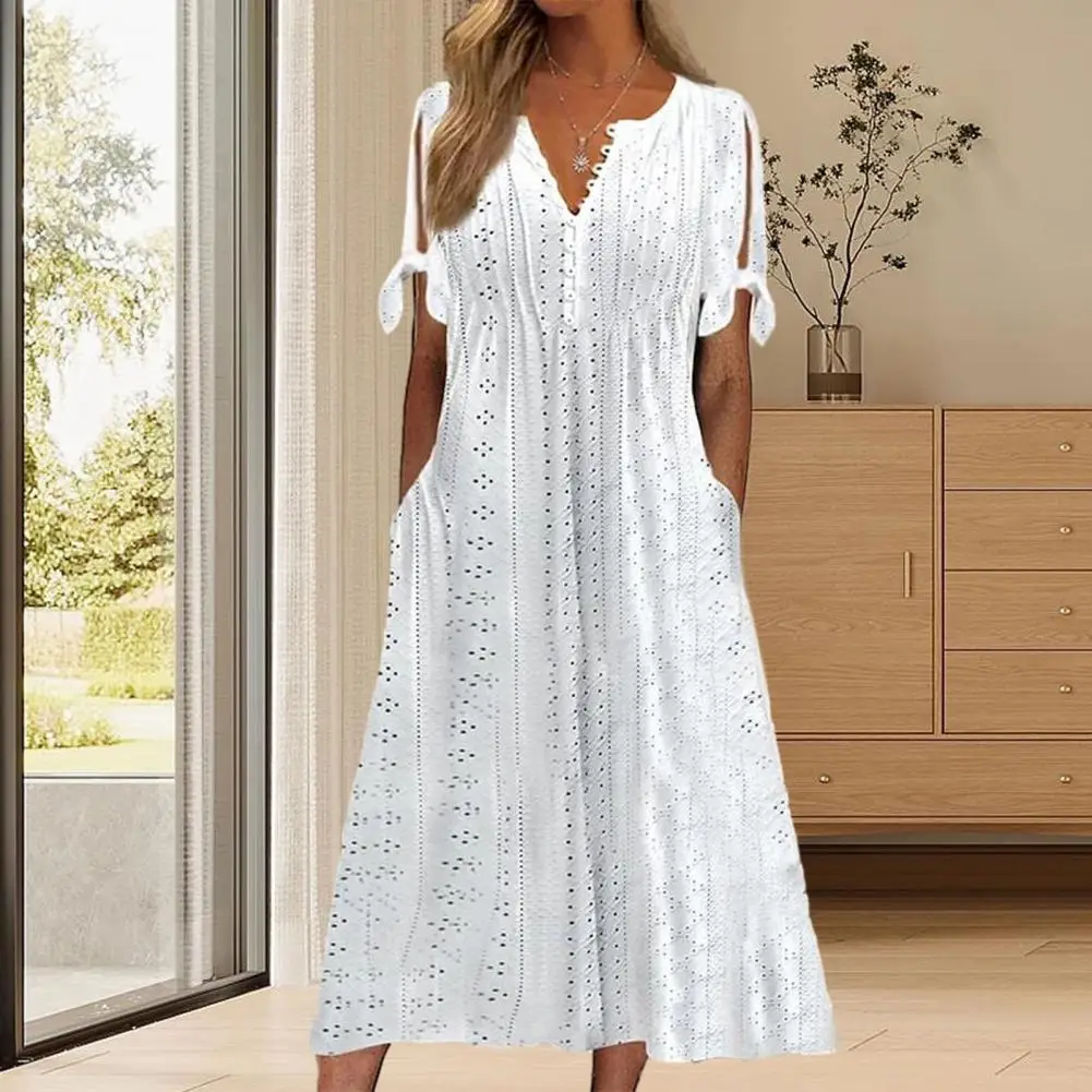 

Women Summer Dress Solid Color Hollow Out Short Sleeves V Neck Buttons Dating Lace Up Pockets A-line Lady Midi Dress Female Clot