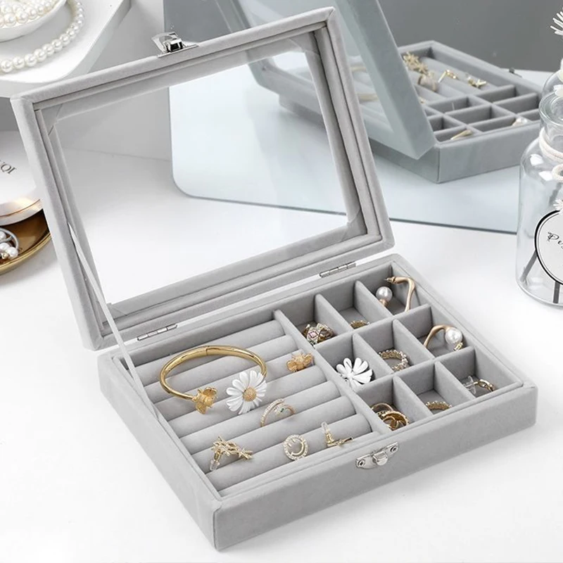 

Big Velvet Gray Carrying Case with Glass Cover Jewelry Ring Display Box Tray Holder Storage Box Organizer Earrings Ring Bracelet