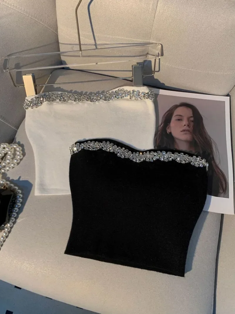 Сексуальный вязаный топ без бретелек с бриллиантами женская одежда облегающие