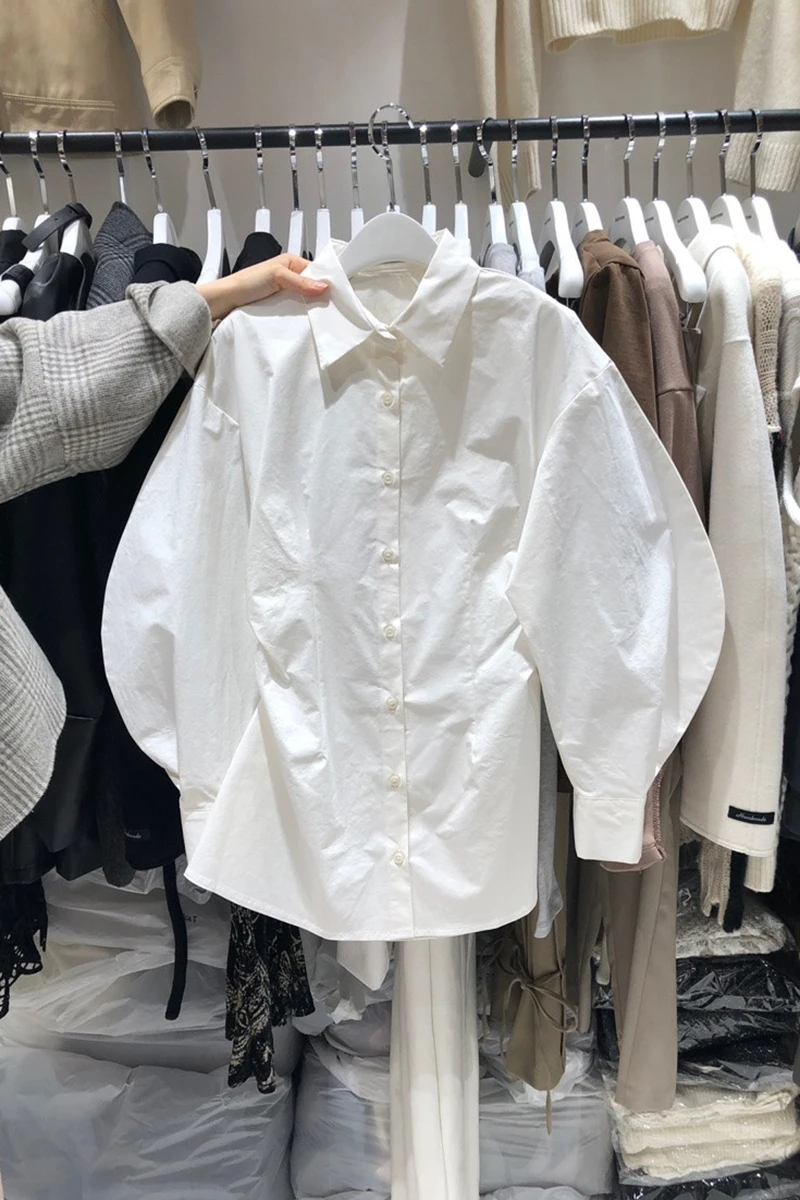 

White Women Shirts Summer New Design 2022 Lantern Sleeved Turn-Down Collar Elegant Office Lady Outwear Coats Top Quality
