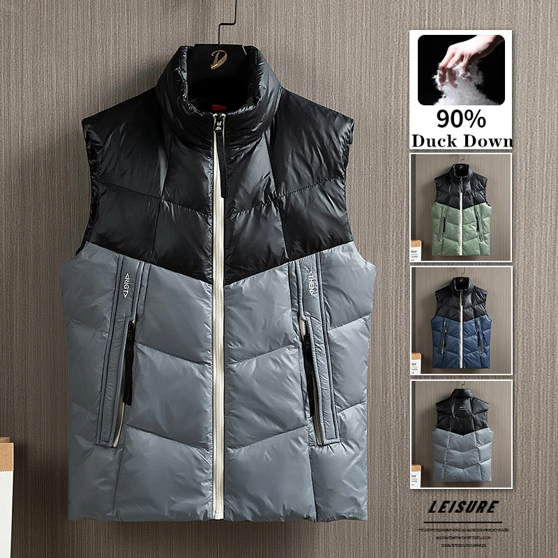 Winter Down Vests Men Stand Collar 90% Duck Down Vests Patchwork Warm Sleeveless Waistcoat Solid Homme Parkas Men Clothing
