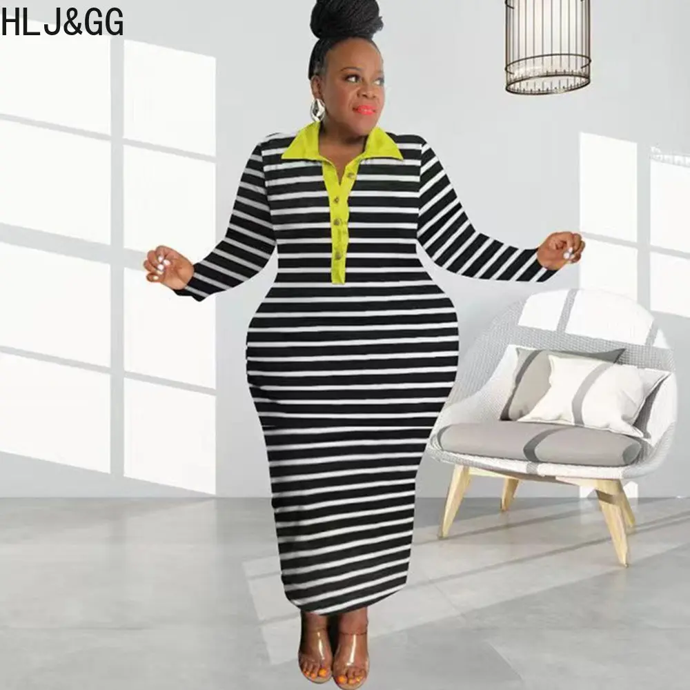 

HLJ&GG Plus Size Women Clothing XL-5XL Fall Turndown Collar Button Long Sleeve Slim Dresses Casual Stripe Print Bodycon Vestidos